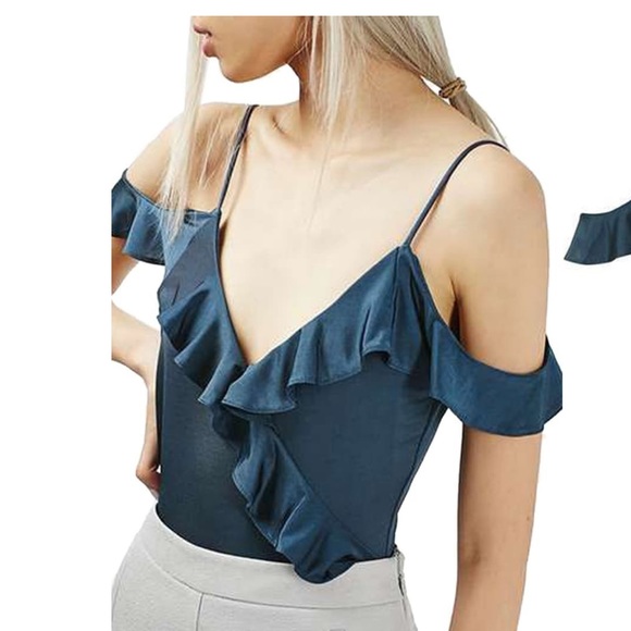 Topshop Tops - Topshop NWT Ruffle Trim Cold Shoulder Bodysuit Sz6
